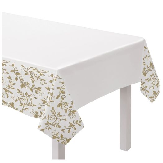 White &amp; Gold Elegant Vine Plastic Table Cover – 54" x 102"