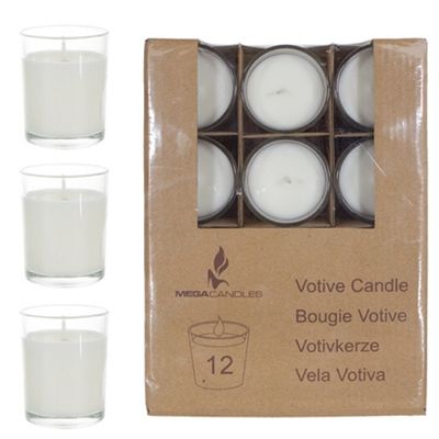 White Unscented Votive Candles in Glass Holders – 12 Count