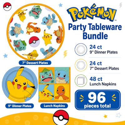 Pokémon Party Tableware Bundle – 24 Dinner Plates, 24 Dessert Plates &amp; 48 Lunch Napkins