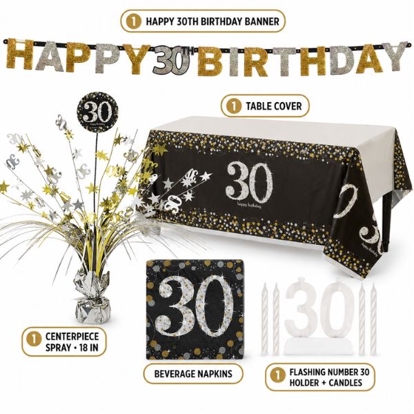 30th Birthday Black, Gold and Silver Party Decoration Bundle