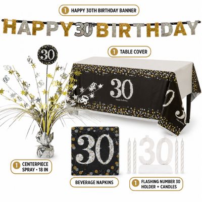 30th Birthday Black, Gold and Silver Party Decoration Bundle