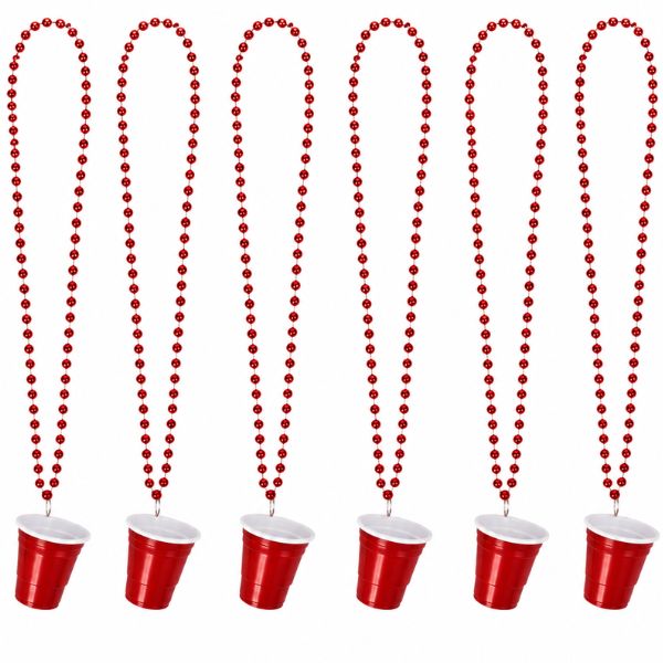 32" Red Beaded Party Necklaces with Mini Shot Cups – 6 Ct