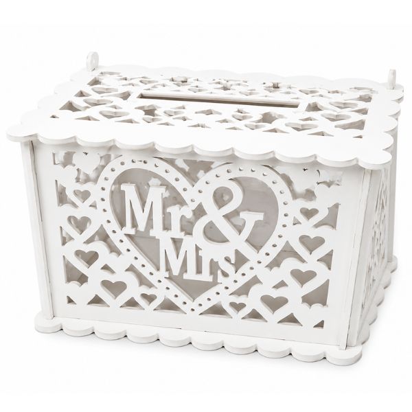 Mr. &amp; Mrs. Wedding Card Box – White PVC, 12.5" x 7.5" x 8"