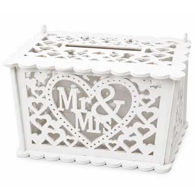 Mr. &amp; Mrs. Wedding Card Box – White PVC, 12.5" x 7.5" x 8"