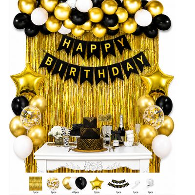Black, Gold &amp; White Happy Birthday Balloon Decoration Kit – 55 Pc