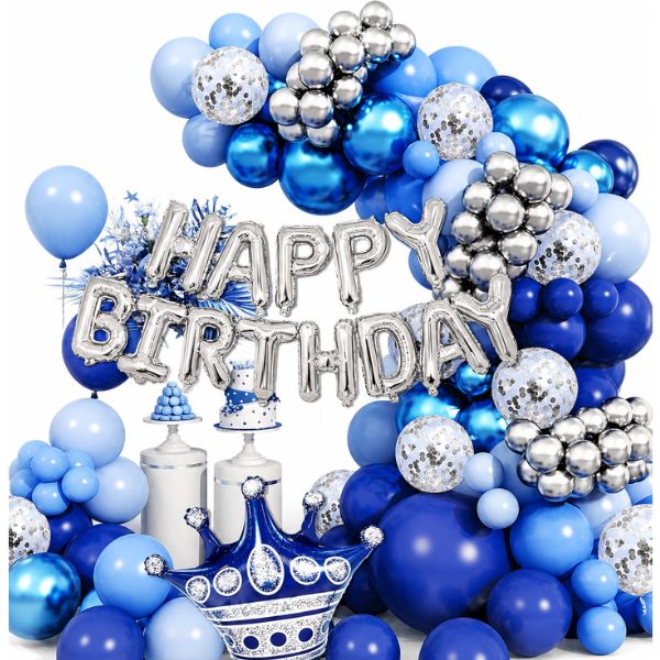 Blue &amp; Silver Happy Birthday Balloon Decoration Kit with Crown