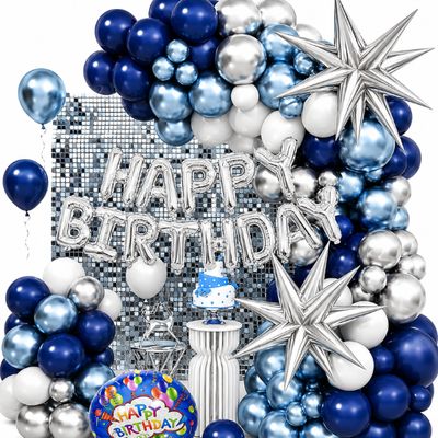Navy Blue, Silver &amp; White Happy Birthday Balloon Garland Kit with Starburst Balloons