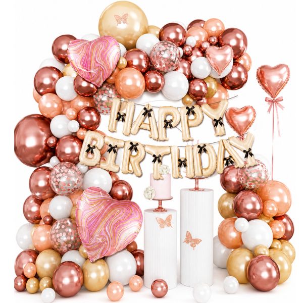 Rose Gold &amp; Champagne Happy Birthday Balloon Garland Decoration Kit