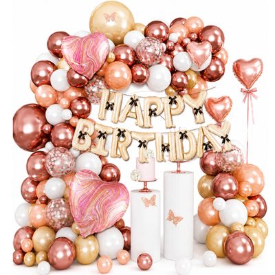 Rose Gold &amp; Champagne Happy Birthday Balloon Garland Decoration Kit