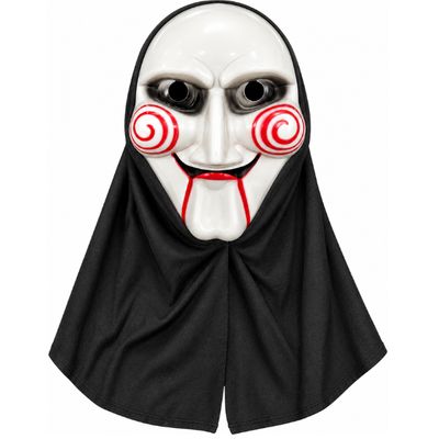 Scary Puppet Face Plastic Mask with Black Hood – Halloween Costume Accessory