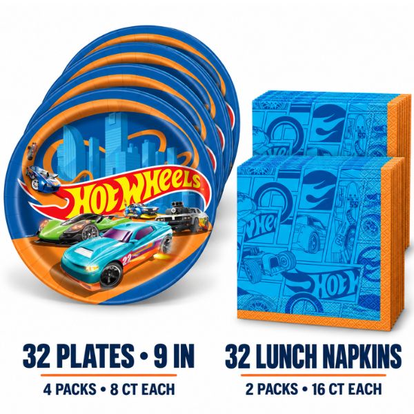 Hot Wheels Birthday Party Plates and Napkins Bundle – 64 Pieces
