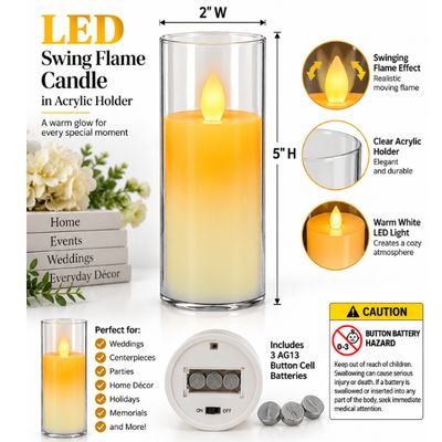LED Swing Flame Candle in Clear Acrylic Holder – Battery Operated