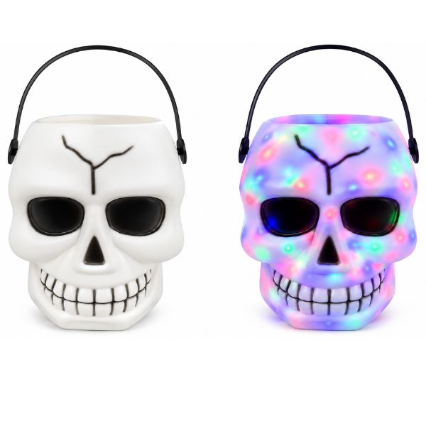 LED Skull Trick-or-Treat Bucket with Rotating Multicolor Lights &amp; Sound – 6" x 7"