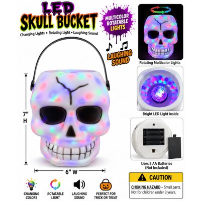 LED Skull Trick-or-Treat Bucket with Rotating Multicolor Lights &amp; Sound – 6" x 7"