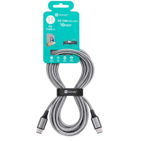 10 Ft USB-C to USB-C PD 25W Fast Charging Data Cable – Assorted Colors