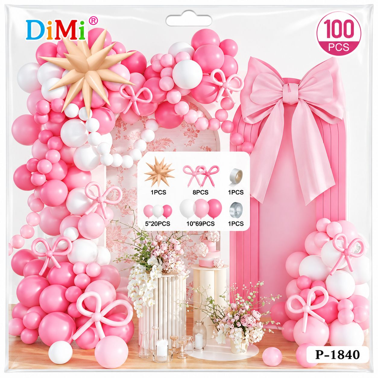 Pink &amp; White Balloon Garland Decoration Kit with Bows &amp; Starburst – 100 Pc