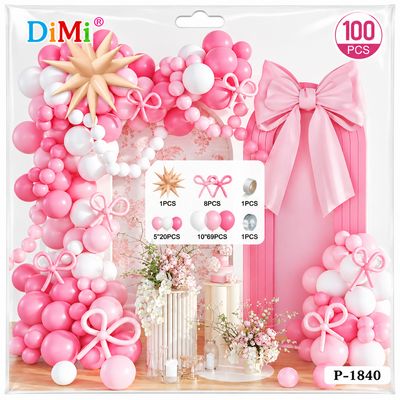 Pink &amp; White Balloon Garland Decoration Kit with Bows &amp; Starburst – 100 Pc