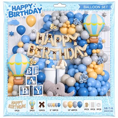 Blue, Gray &amp; Gold Happy Birthday Balloon Decoration Kit with Hot Air Balloons – 69 Pc