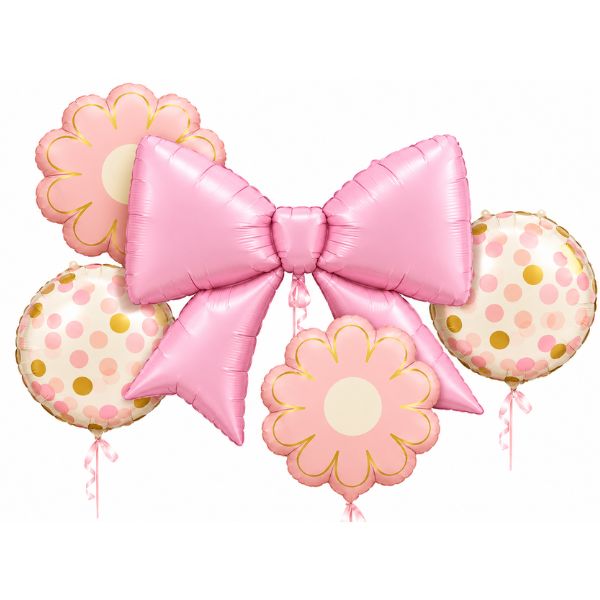 Pink Bow &amp; Flower Foil Balloon Set – 5 Pc