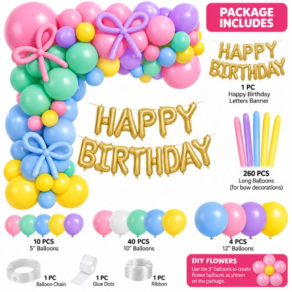 Pastel Happy Birthday Balloon Garland Decoration Kit with Bow Accents