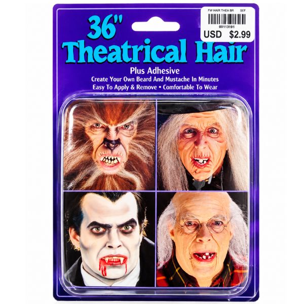 36" Theatrical Costume Hair with Adhesive – Brown, Color: Black