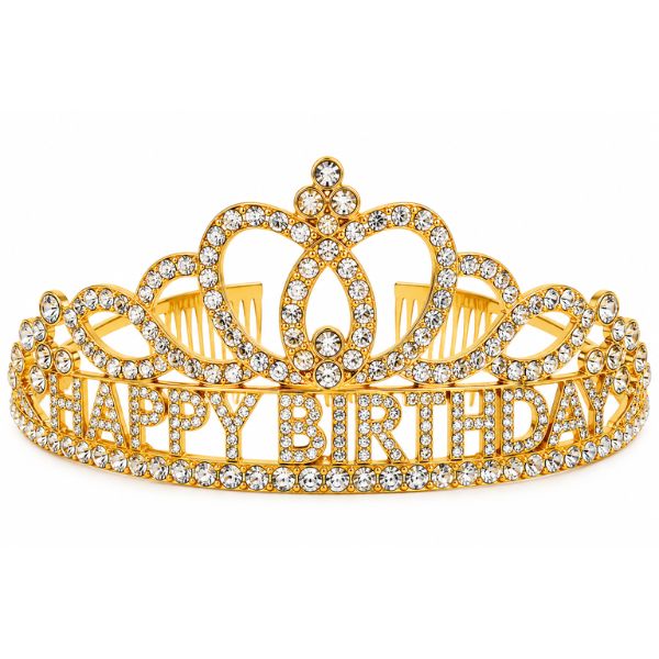 Happy Birthday Rhinestone Tiara – Gold