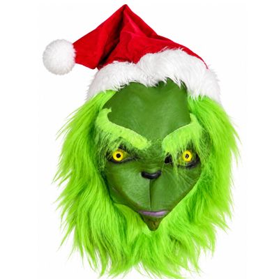 Green Holiday Grouch Adult Mask with Santa Hat &amp; Faux Fur
