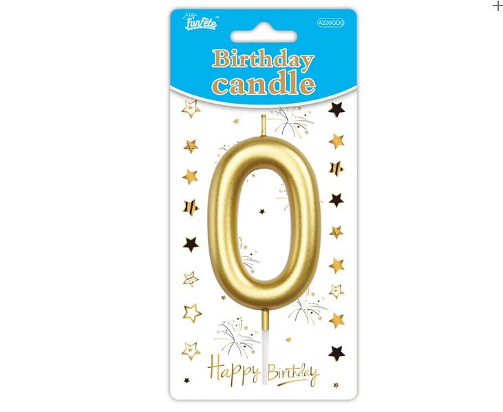 Metallic Gold Number Birthday Candle 0–9 – 3.5" Candle, NUMBER: 0
