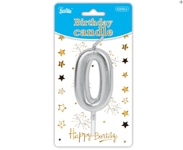 Silver Number Birthday Candle 0–9 – 3.5" Candle, NUMBERS: 0