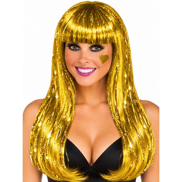 Metallic Tinsel Long Wig with Bangs – Gold &amp; Silver, Color: Gold