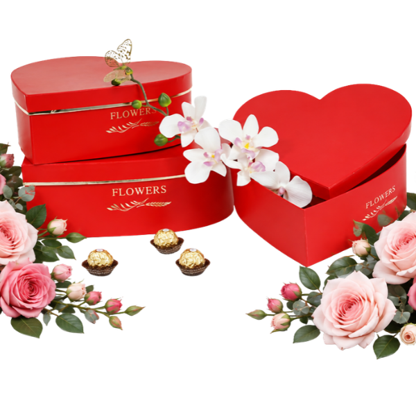 Heart-Shaped Flower &amp; Gift Boxes with Lids – Set of 3, Color: Red