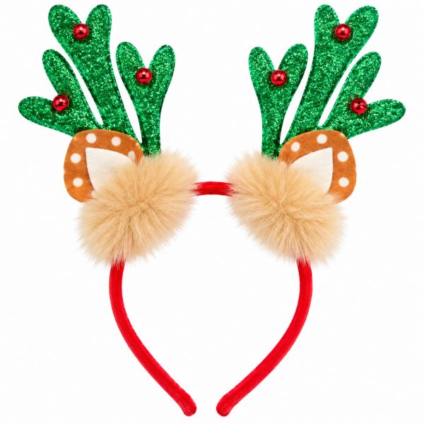 Christmas Reindeer Antler Headband – Green Glitter Antlers with Red Bells &amp; Plush Ears