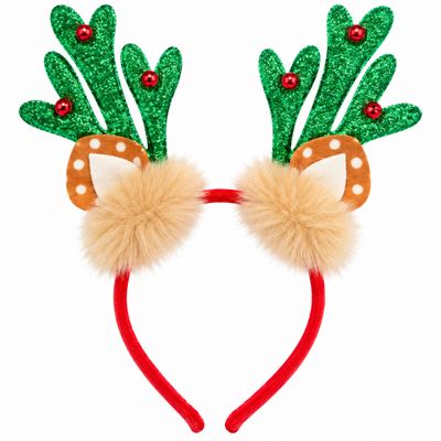 Christmas Reindeer Antler Headband – Green Glitter Antlers with Red Bells &amp; Plush Ears