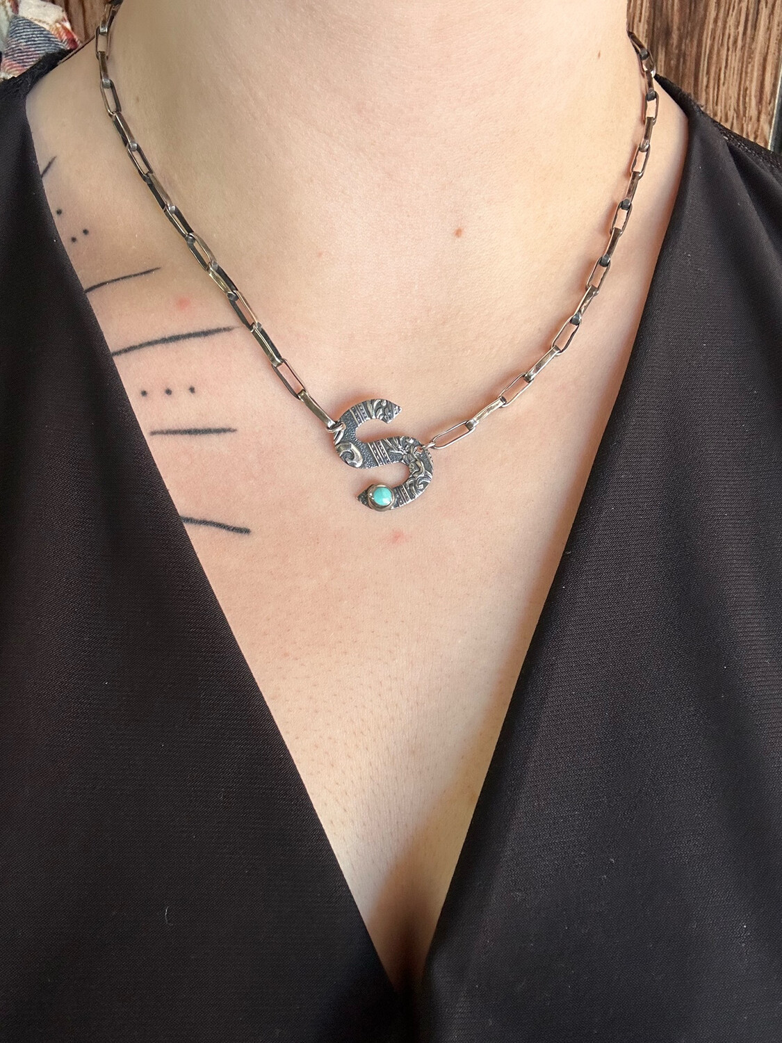 Stamped Initial Necklace w/ Paperclip Chain, Initials: S