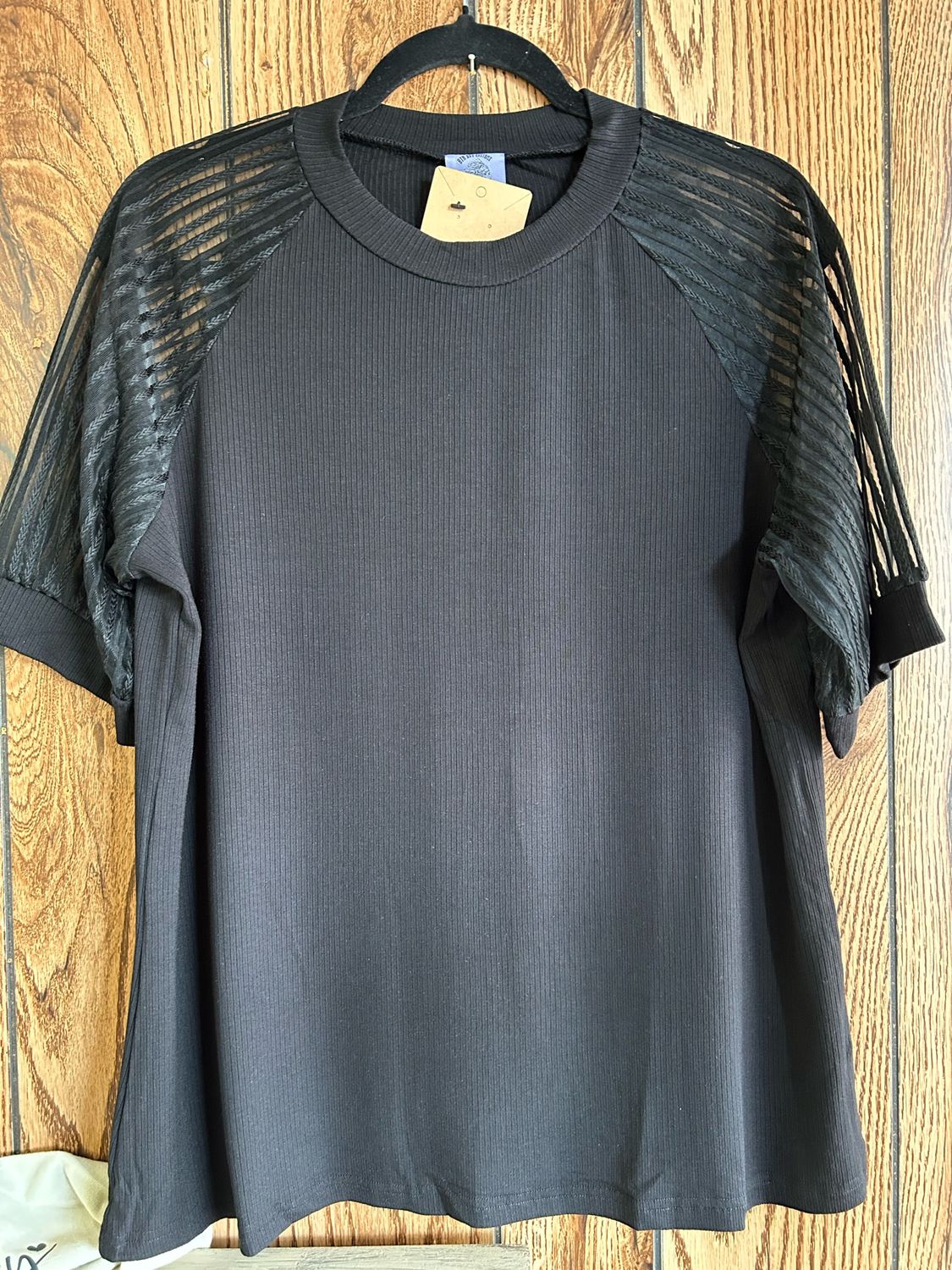 Black Mesh Sleeve Ribbed Tee