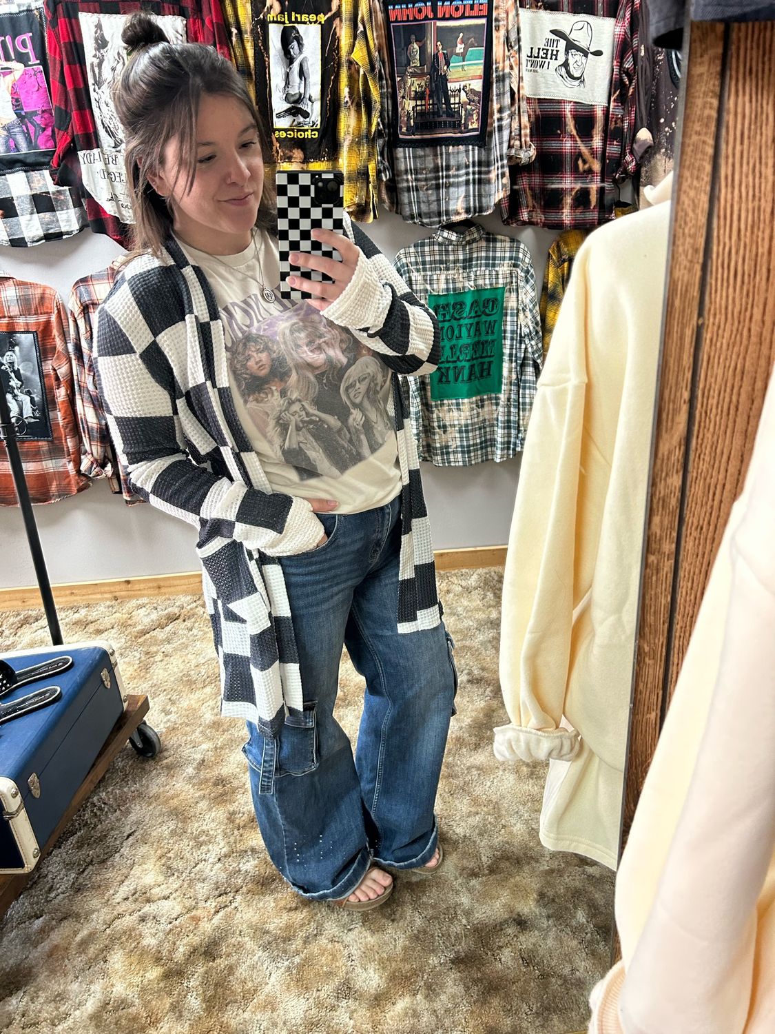 Checkered Waffle Knit Cardigan