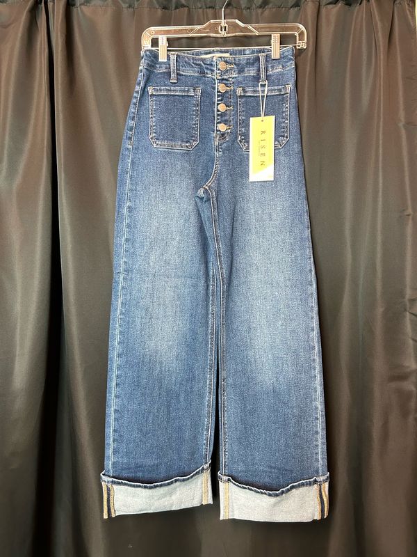 Risen High Rise Button Down Cuffed Leg Jeans