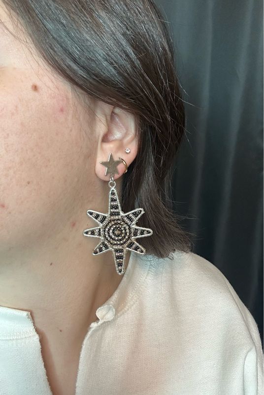 Guiding Star Beaded Earrings in Black &amp; Silver