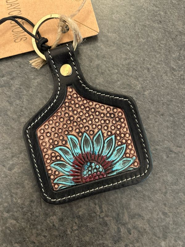 Peacock Sunflower Hand-Tooled Key Fob