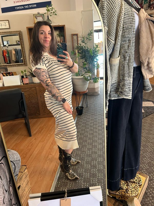 Striped V Neck Long Dress