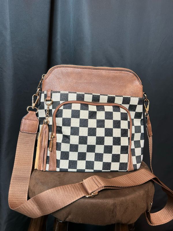 Checkered Double Zip Shoulder Bag
