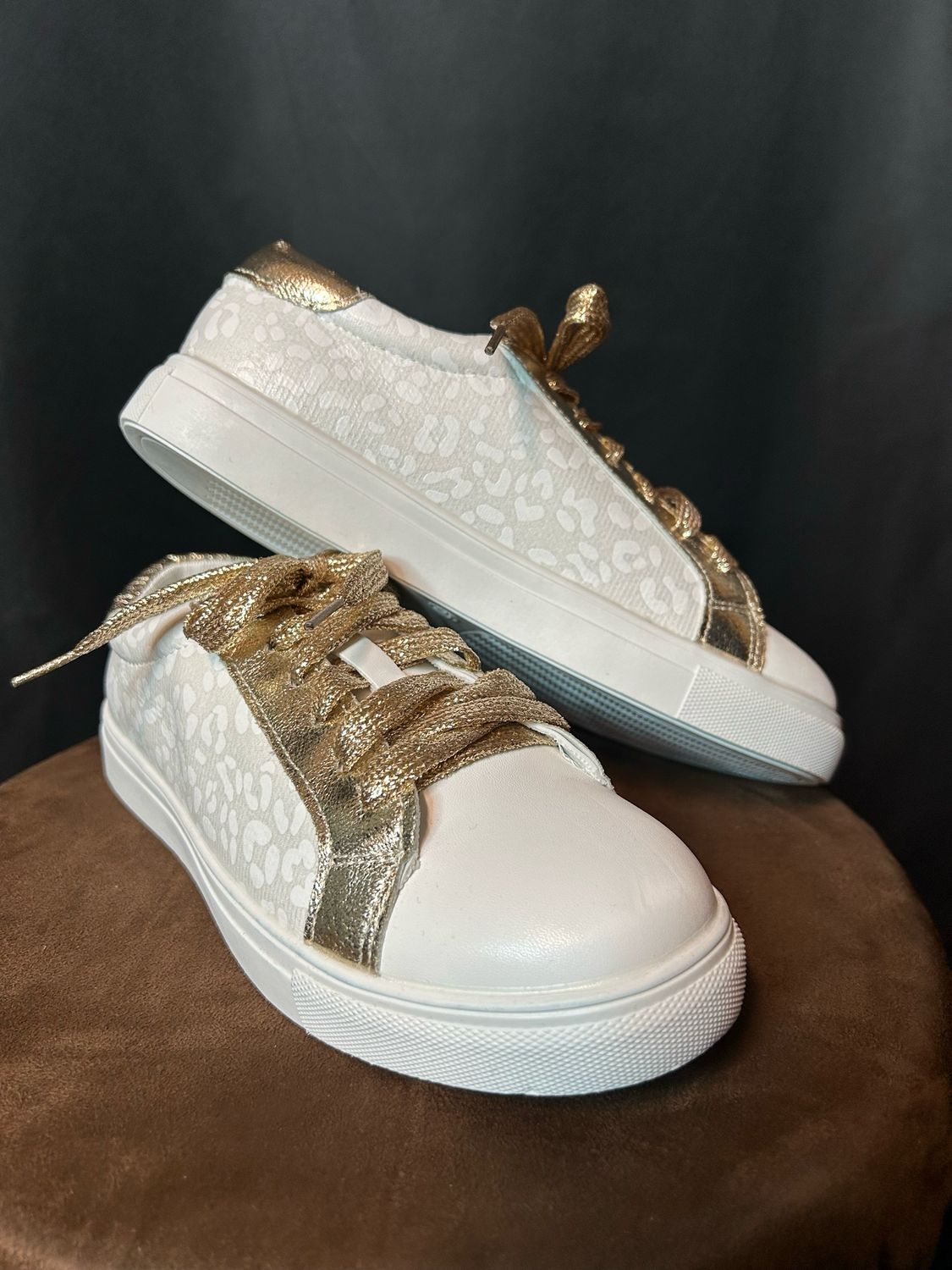 White Leopard Sneakers, Size: 6