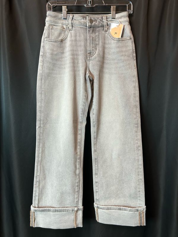 Risen Light Grey Mid Rise Crop Straight Cuffed Jeans