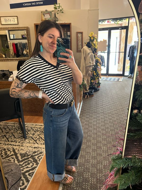 Striped Print V Neck Tee