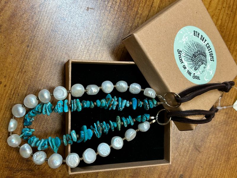 Kingman Turquoise Pearls and Leather Necklace