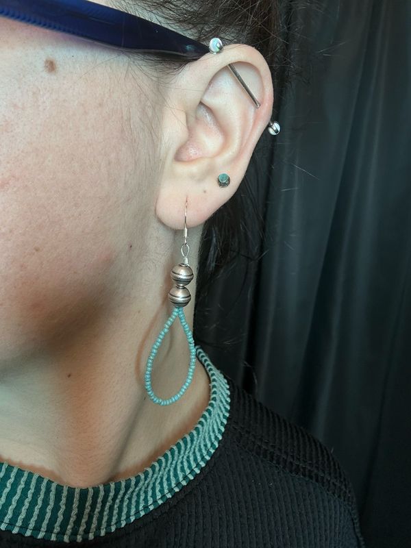 Kingman Turquoise Seed Bead Teardrop Earrings