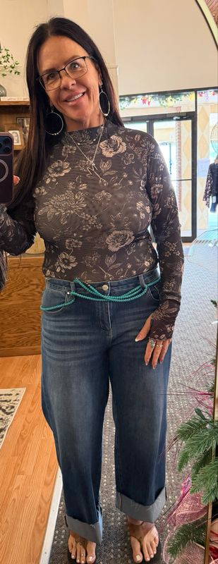 Gray &amp; Cream Floral Mesh Top