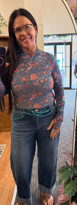 Blue and Orange Floral Mesh Top