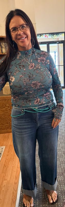 Teal and Cream Floral Mesh Top