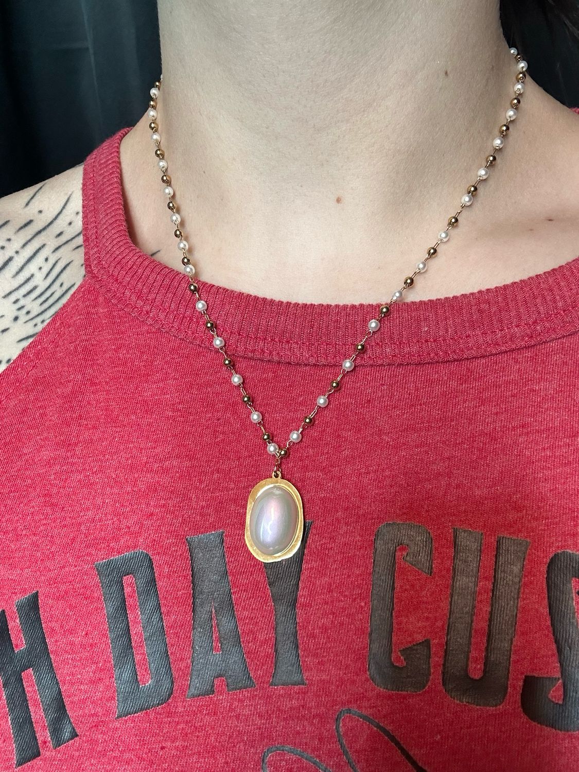 18K Gold Beaded Pearl Pendant Necklace